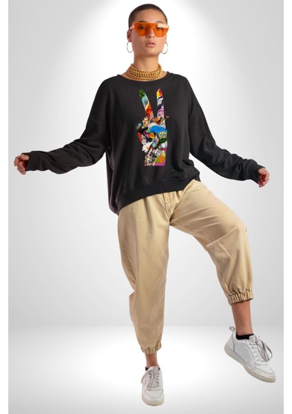 Dünya Barışı Özgürlük Zafer Işareti Erkek Kadın Unisex Dijital Baskılı Siyah Sweatshirt