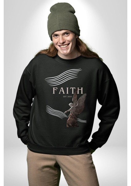 Inanç Çocuk Melek Erkek Kadın Unisex Dijital Baskılı Siyah Sweatshirt