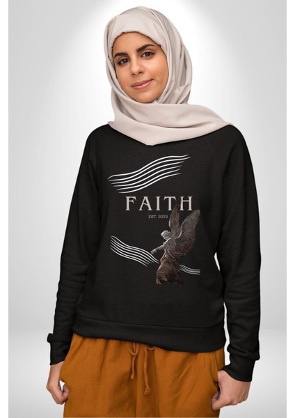 Inanç Çocuk Melek Erkek Kadın Unisex Dijital Baskılı Siyah Sweatshirt
