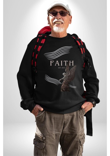 Inanç Çocuk Melek Erkek Kadın Unisex Dijital Baskılı Siyah Sweatshirt