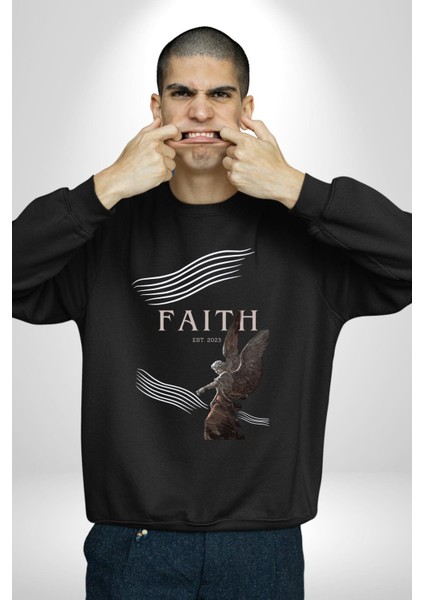 Inanç Çocuk Melek Erkek Kadın Unisex Dijital Baskılı Siyah Sweatshirt