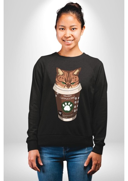 Catpuccino Kedi Karikatür Eğlenceli Tasarım Erkek Kadın Unisex Dijital Baskılı Siyah Sweatshirt