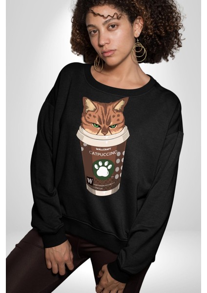 Catpuccino Kedi Karikatür Eğlenceli Tasarım Erkek Kadın Unisex Dijital Baskılı Siyah Sweatshirt