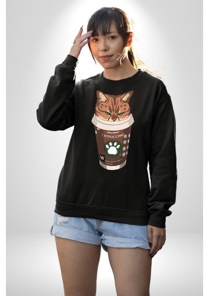 Catpuccino Kedi Karikatür Eğlenceli Tasarım Erkek Kadın Unisex Dijital Baskılı Siyah Sweatshirt
