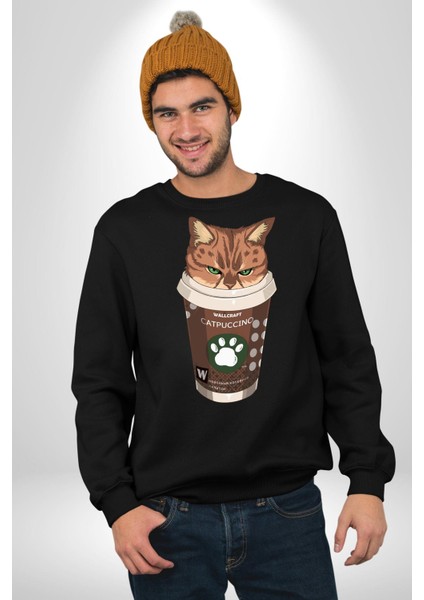 Catpuccino Kedi Karikatür Eğlenceli Tasarım Erkek Kadın Unisex Dijital Baskılı Siyah Sweatshirt