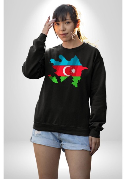 Azerbaycan Haritası Bayrak Tasarımı Erkek Kadın Unisex Dijital Baskılı Siyah Sweatshirt