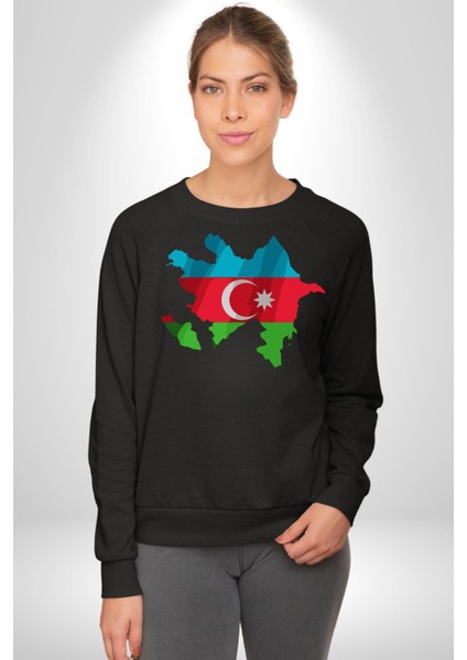 Azerbaycan Haritası Bayrak Tasarımı Erkek Kadın Unisex Dijital Baskılı Siyah Sweatshirt
