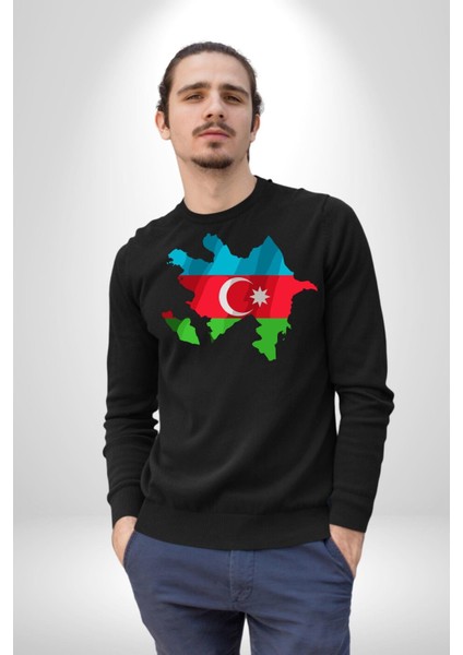 Azerbaycan Haritası Bayrak Tasarımı Erkek Kadın Unisex Dijital Baskılı Siyah Sweatshirt