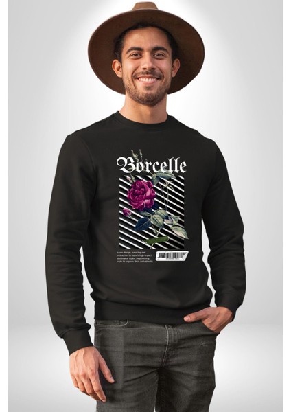 Kırmızı Gül Sokak Style Erkek Kadın Unisex Dijital Baskılı Siyah Sweatshirt