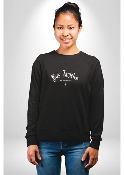 Los Angeles Sokak Tarzı Erkek Kadın Unisex Dijital Baskılı Siyah Sweatshirt