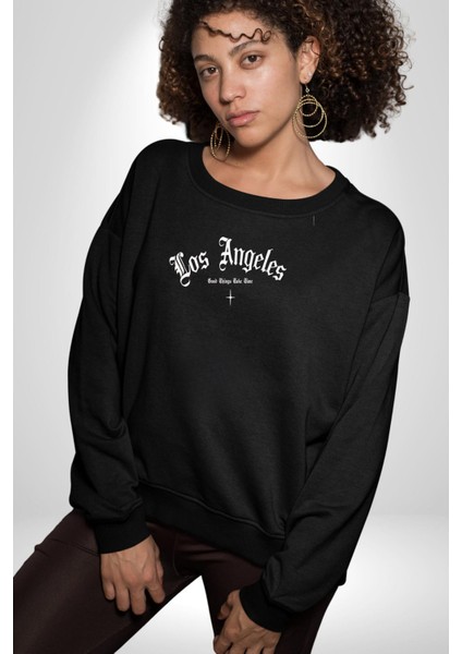 Los Angeles Sokak Tarzı Erkek Kadın Unisex Dijital Baskılı Siyah Sweatshirt