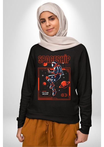 Astronot Gezegen Uzay Aracı Erkek Kadın Unisex Dijital Baskılı Siyah Sweatshirt