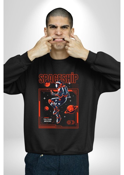 Astronot Gezegen Uzay Aracı Erkek Kadın Unisex Dijital Baskılı Siyah Sweatshirt