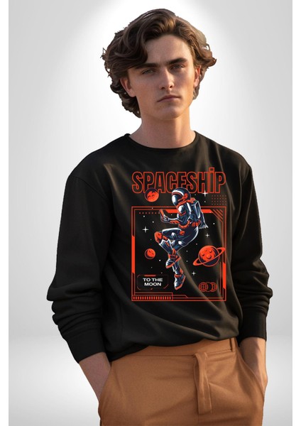 Astronot Gezegen Uzay Aracı Erkek Kadın Unisex Dijital Baskılı Siyah Sweatshirt
