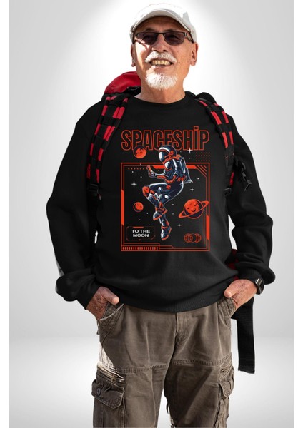 Astronot Gezegen Uzay Aracı Erkek Kadın Unisex Dijital Baskılı Siyah Sweatshirt