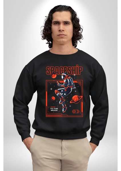 Astronot Gezegen Uzay Aracı Erkek Kadın Unisex Dijital Baskılı Siyah Sweatshirt
