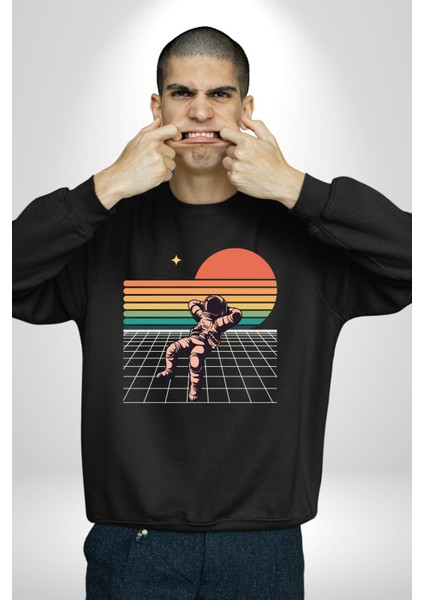 Uzay Adamı Tasarımı Erkek Kadın Unisex Dijital Baskılı Siyah Sweatshirt