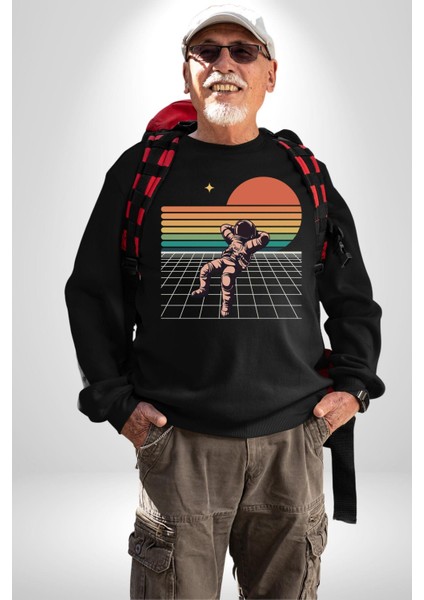 Uzay Adamı Tasarımı Erkek Kadın Unisex Dijital Baskılı Siyah Sweatshirt