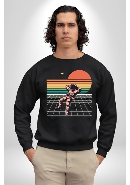 Uzay Adamı Tasarımı Erkek Kadın Unisex Dijital Baskılı Siyah Sweatshirt