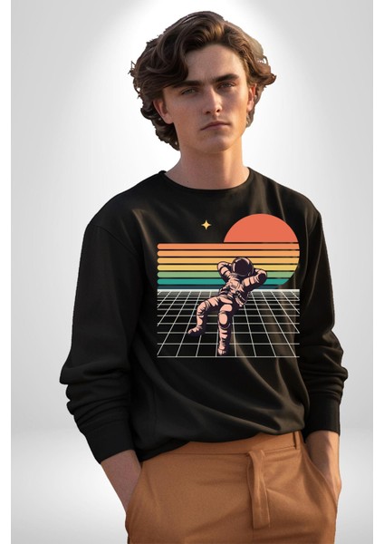 Uzay Adamı Tasarımı Erkek Kadın Unisex Dijital Baskılı Siyah Sweatshirt