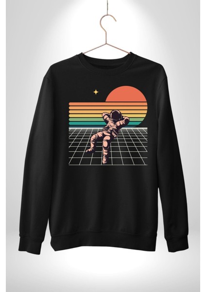 Uzay Adamı Tasarımı Erkek Kadın Unisex Dijital Baskılı Siyah Sweatshirt