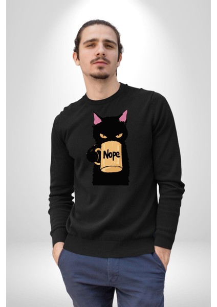 Nope Kedi Mizahi Kahve Tasarımı Erkek Kadın Unisex Dijital Baskılı Siyah Sweatshirt