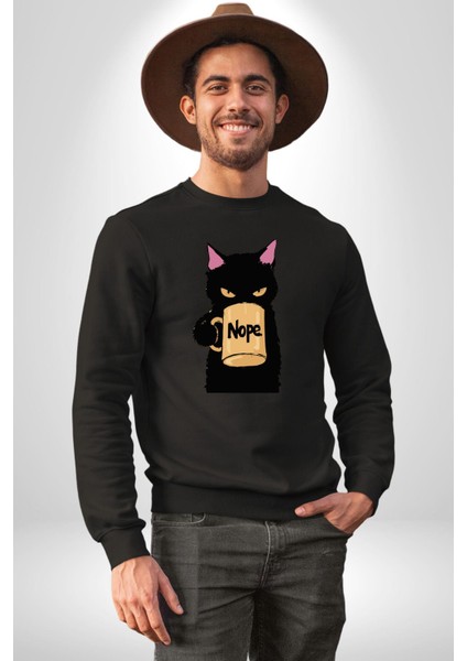 Nope Kedi Mizahi Kahve Tasarımı Erkek Kadın Unisex Dijital Baskılı Siyah Sweatshirt