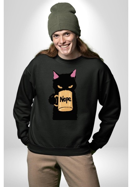 Nope Kedi Mizahi Kahve Tasarımı Erkek Kadın Unisex Dijital Baskılı Siyah Sweatshirt