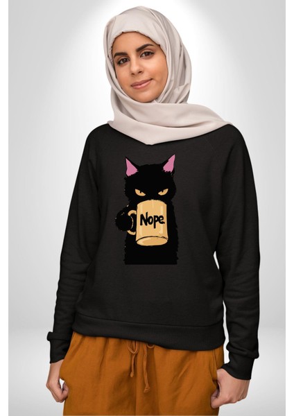 Nope Kedi Mizahi Kahve Tasarımı Erkek Kadın Unisex Dijital Baskılı Siyah Sweatshirt
