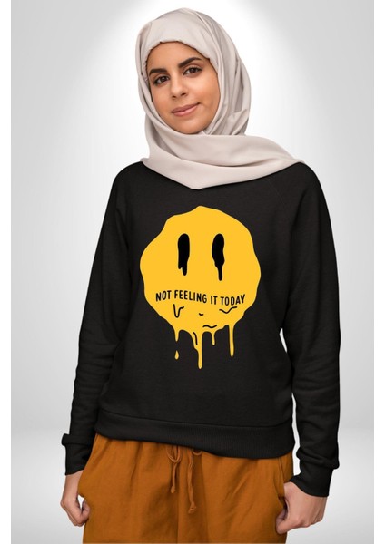 Eriyen Emoji Bugün Hissetmiyorum Erkek Kadın Unisex Dijital Baskılı Siyah Sweatshirt
