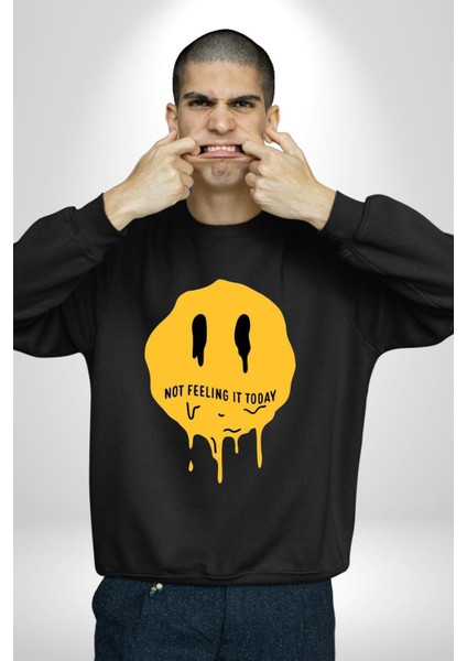 Eriyen Emoji Bugün Hissetmiyorum Erkek Kadın Unisex Dijital Baskılı Siyah Sweatshirt