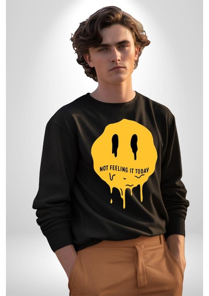 Eriyen Emoji Bugün Hissetmiyorum Erkek Kadın Unisex Dijital Baskılı Siyah Sweatshirt