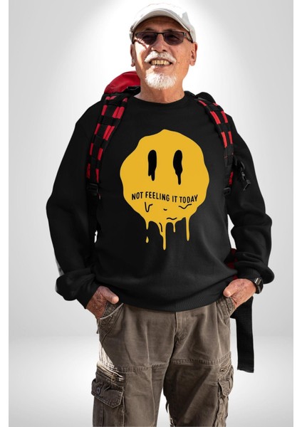 Eriyen Emoji Bugün Hissetmiyorum Erkek Kadın Unisex Dijital Baskılı Siyah Sweatshirt