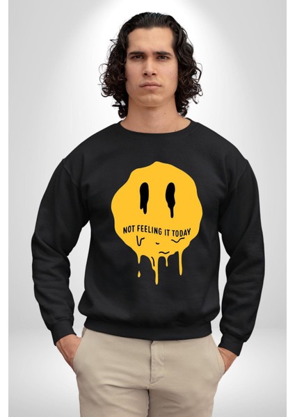 Eriyen Emoji Bugün Hissetmiyorum Erkek Kadın Unisex Dijital Baskılı Siyah Sweatshirt