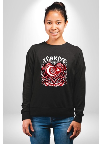 Türkiye Ay Yıldız Kırmızı Beyaz Kalp Erkek Kadın Unisex Dijital Baskılı Siyah Sweatshirt