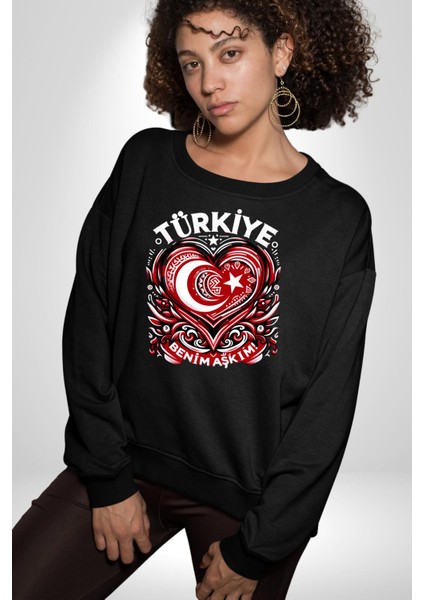 Türkiye Ay Yıldız Kırmızı Beyaz Kalp Erkek Kadın Unisex Dijital Baskılı Siyah Sweatshirt