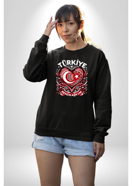 Türkiye Ay Yıldız Kırmızı Beyaz Kalp Erkek Kadın Unisex Dijital Baskılı Siyah Sweatshirt