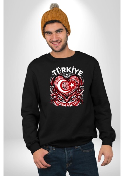 Türkiye Ay Yıldız Kırmızı Beyaz Kalp Erkek Kadın Unisex Dijital Baskılı Siyah Sweatshirt