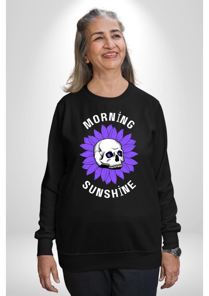 Polen Kafatası Mor Çiçek Erkek Kadın Unisex Dijital Baskılı Siyah Sweatshirt