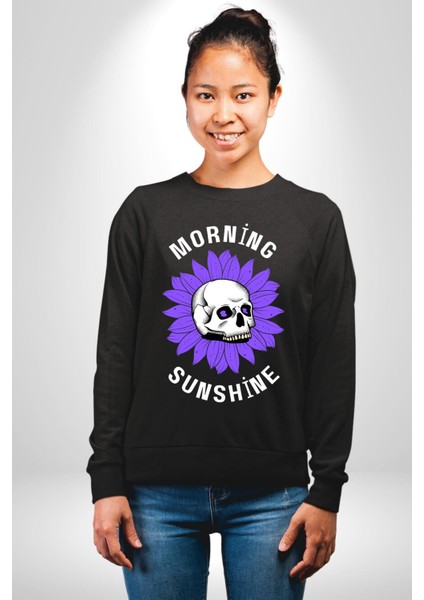 Polen Kafatası Mor Çiçek Erkek Kadın Unisex Dijital Baskılı Siyah Sweatshirt