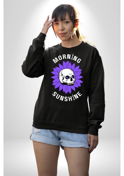 Polen Kafatası Mor Çiçek Erkek Kadın Unisex Dijital Baskılı Siyah Sweatshirt