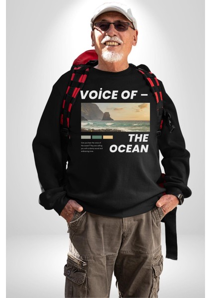 Okyanusun Sesi Erkek Kadın Unisex Dijital Baskılı Siyah Sweatshirt
