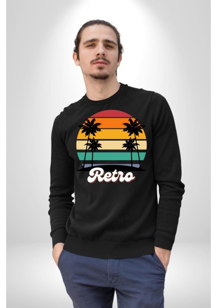 Retro Palmiye Güneş 80 90 Erkek Kadın Unisex Dijital Baskılı Siyah Sweatshirt