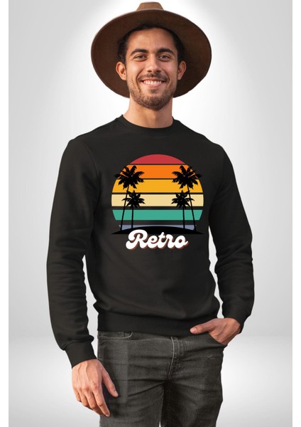 Retro Palmiye Güneş 80 90 Erkek Kadın Unisex Dijital Baskılı Siyah Sweatshirt