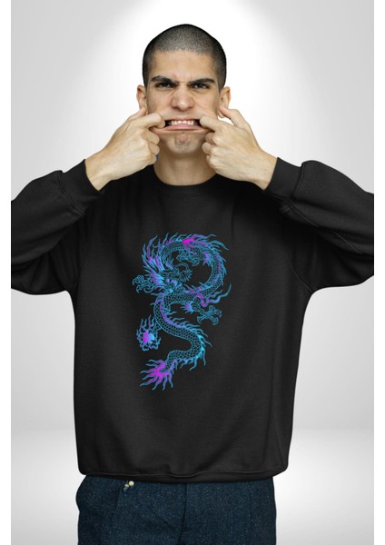 Çin Sitili Ejderha Bereket Tanrısı Erkek Kadın Unisex Dijital Baskılı Siyah Sweatshirt