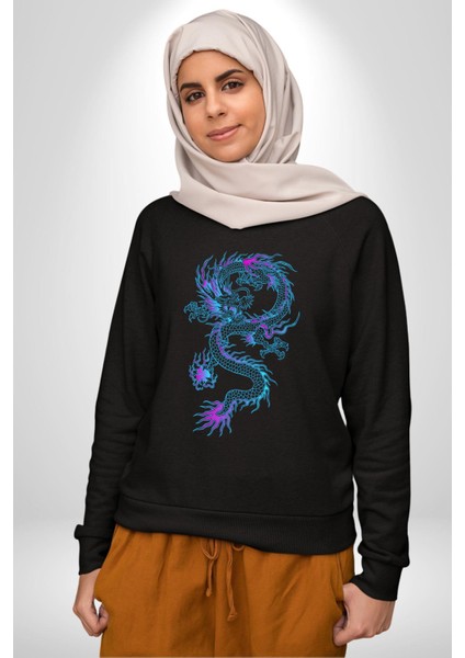 Çin Sitili Ejderha Bereket Tanrısı Erkek Kadın Unisex Dijital Baskılı Siyah Sweatshirt
