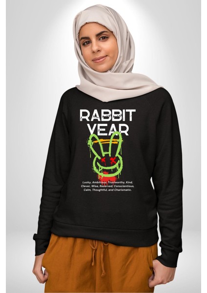 Tavşan Sokak Stili Giyim Erkek Kadın Unisex Dijital Baskılı Siyah Sweatshirt