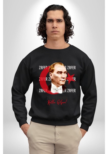 30 Ağustos Zafer Bayramı ve Atatürk Ay Yıldız Erkek Kadın Unisex Dijital Baskılı Siyah Sweatshirt