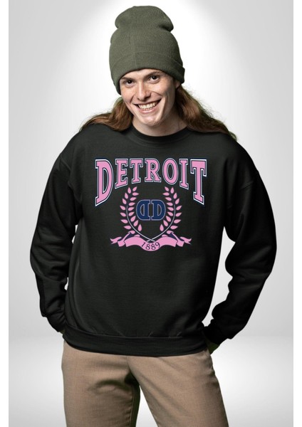 Detroit Kampüs Erkek Kadın Unisex Dijital Baskılı Siyah Sweatshirt