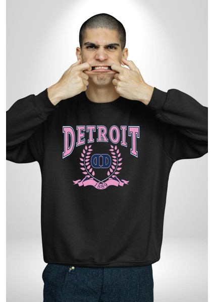 Detroit Kampüs Erkek Kadın Unisex Dijital Baskılı Siyah Sweatshirt